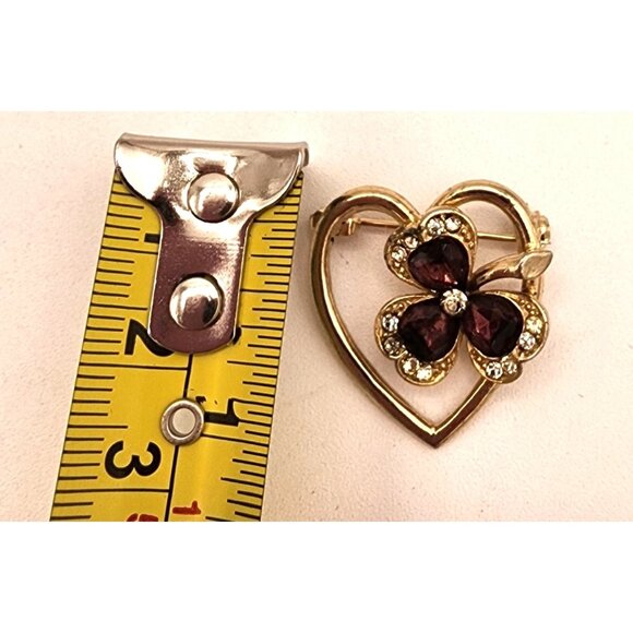 Vintage Heart & Clover Brooch With Rhinestones & Red Gems - Picture 5 of 5